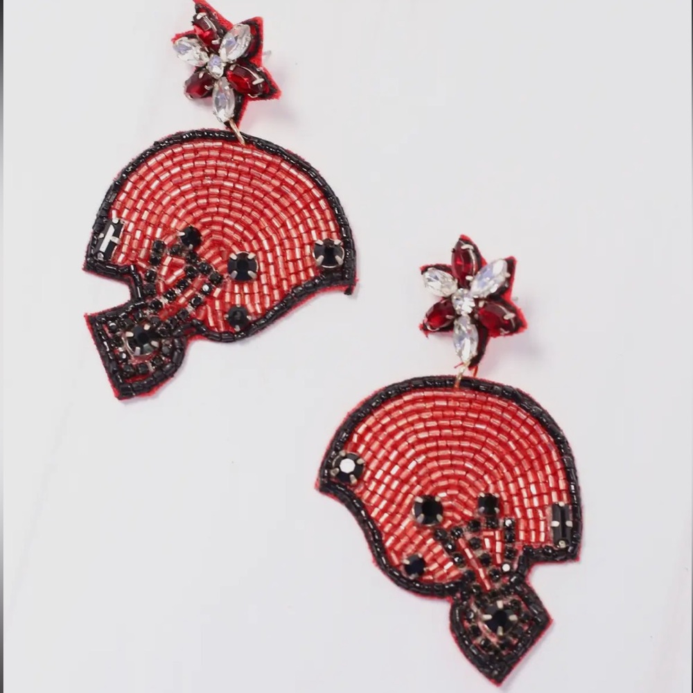 Beaded Football Helmet Earrings Red & Black